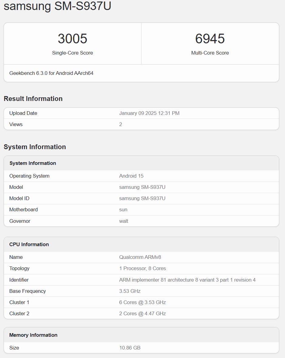 Samsung Galaxy S25 Slim появился в Geekbench