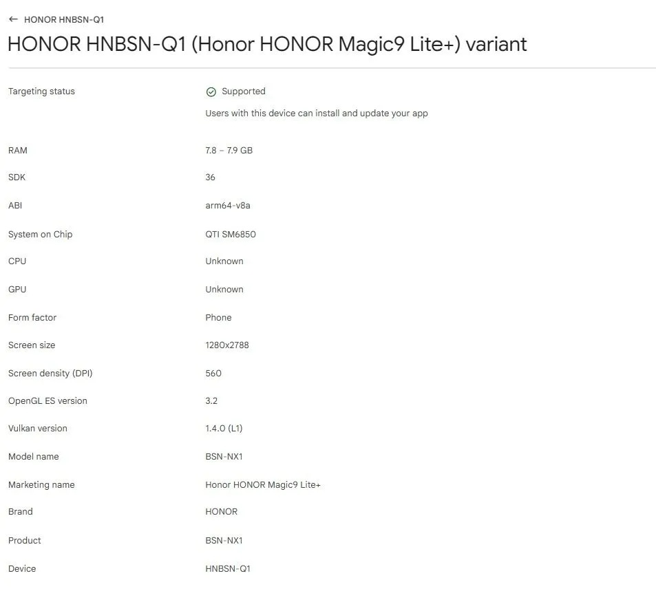 HONOR Magic9 Lite+ в Google Play Console