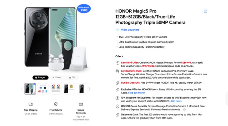 В Европе начались продажи Honor Magic5 Pro o