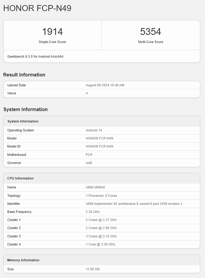 Honor Magic V3 Geekbench