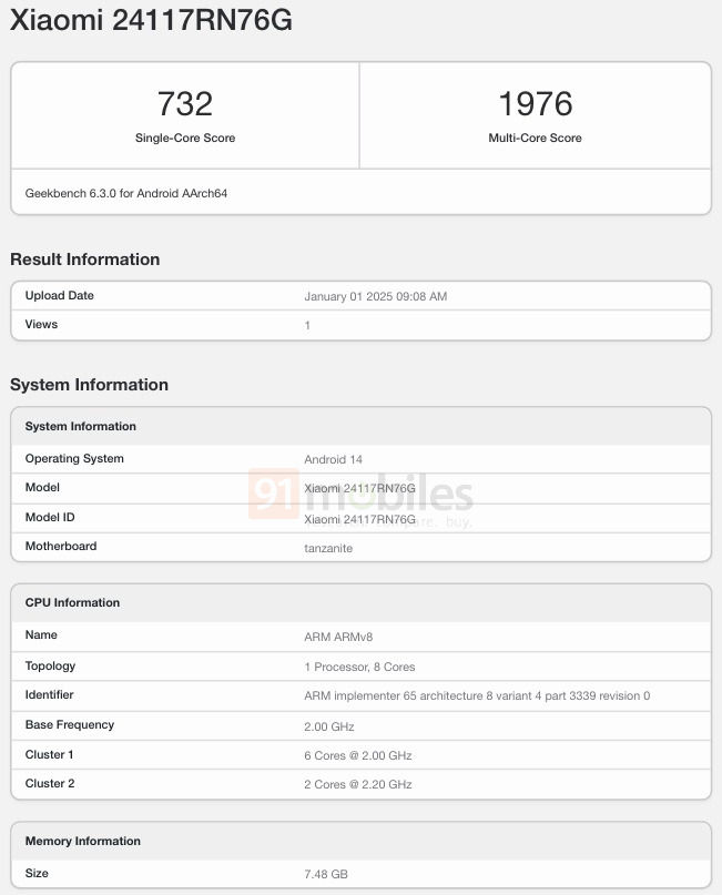 Redmi Note 14 4G прошел тестирование в Geekbench