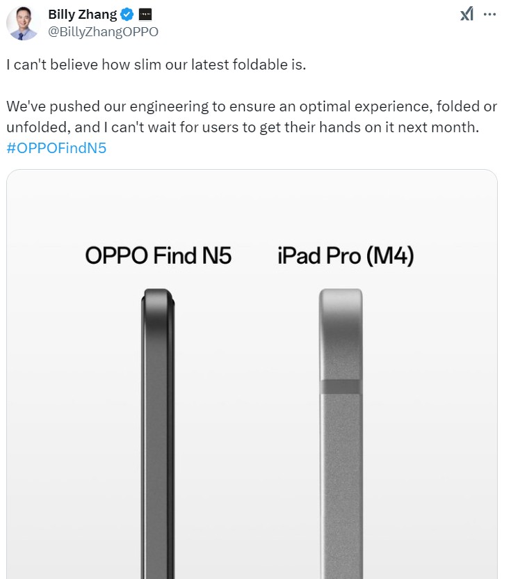 OPPO Find N5 будет тоньше планшета iPad Pro M4