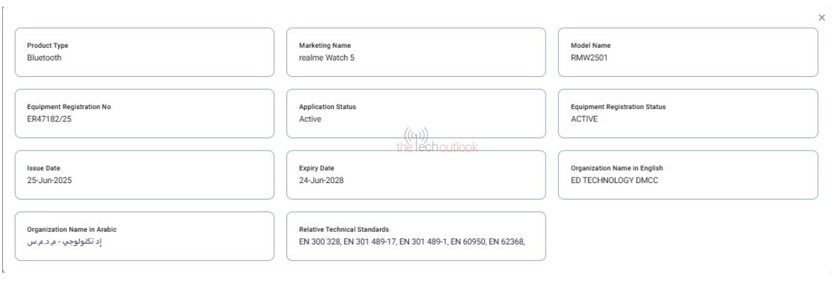 Смарт-часы Realme Watch 5 появились в базе данных TDRA