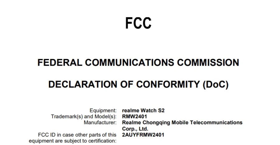 Смарт-часы Realme Watch S2 проходят сертификацию FCC