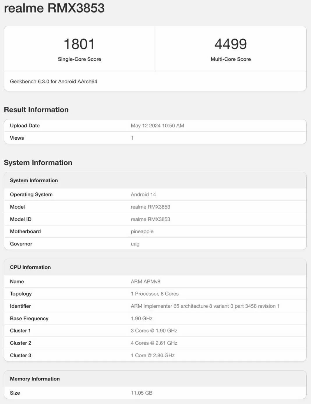 Realme GT 6T прошел тестирование в Geekbench