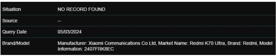 Redmi K70 Ultra замечен в базе IMEI