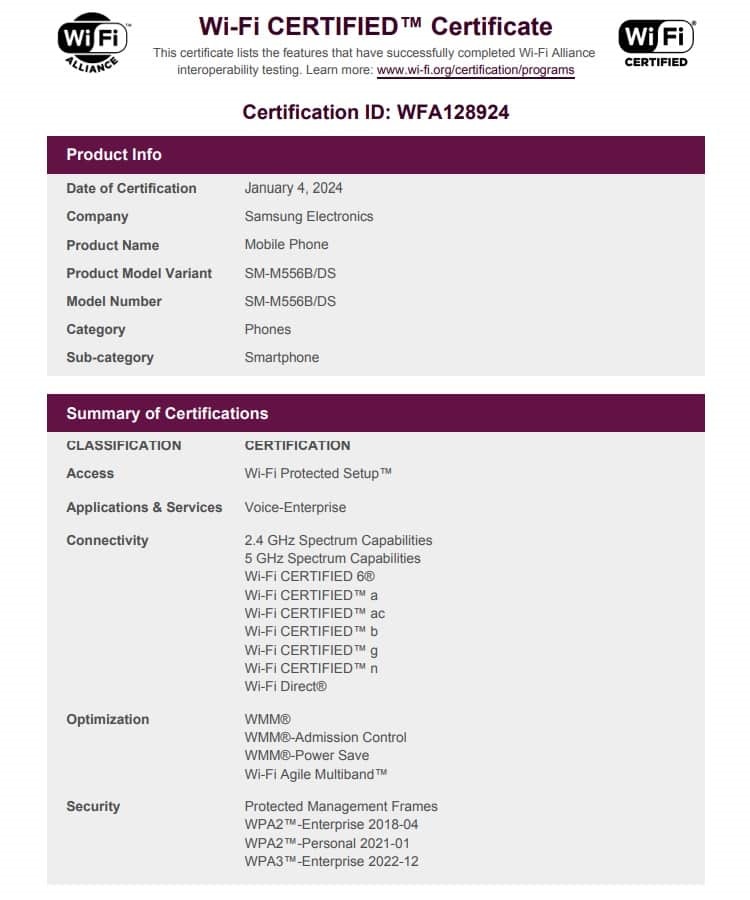 Samsung Galaxy M55 5G прошел сертификацию Wi-Fi Alliance