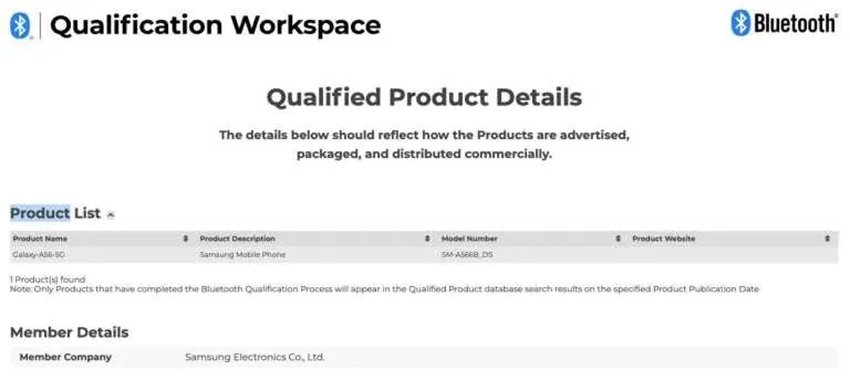Samsung Galaxy A56 5G появился в базе данных Bluetooth SIG
