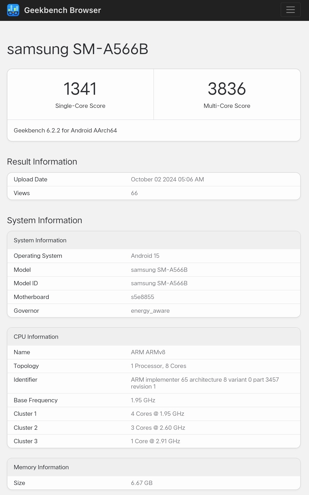 Samsung Galaxy A56 в Geekbench