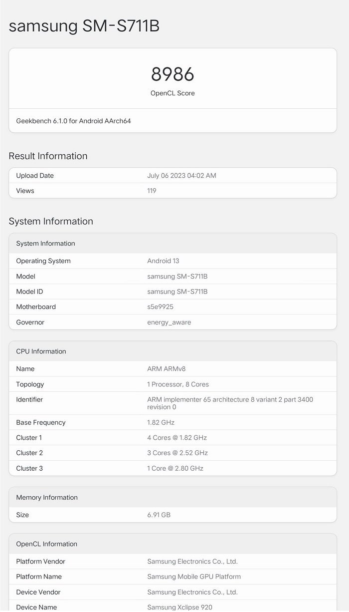 смартфон Samsung Galaxy S23 FE в Geekbench