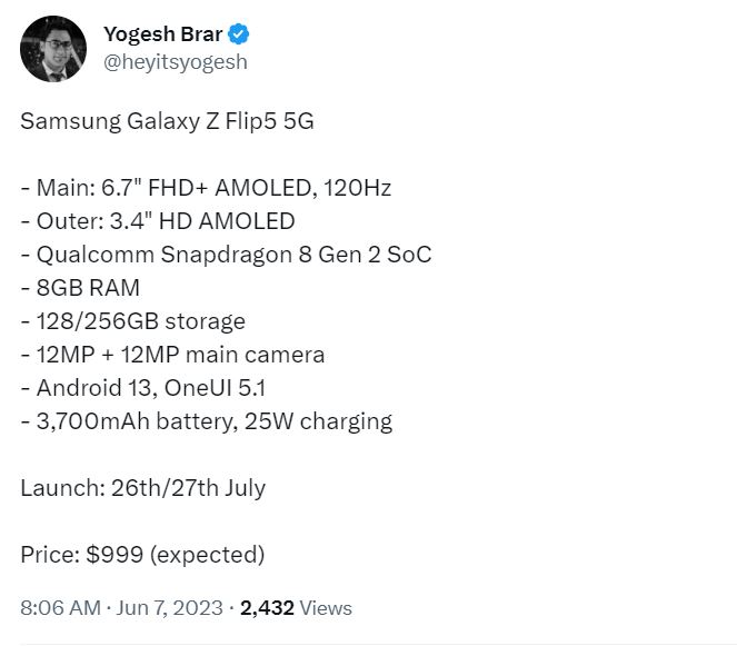 Samsung Galaxy Z Flip 5 характеристики