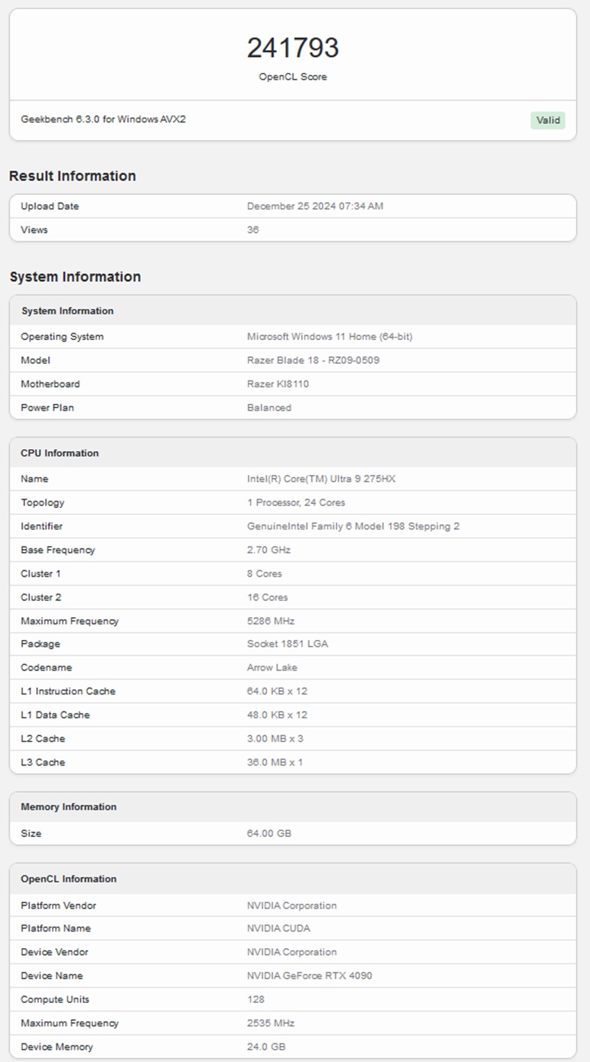 Новый ноутбук Razer Blade 18 с процессором Core Ultra 9 275HX появился в Geekbench